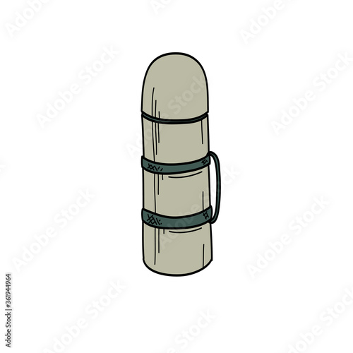 Vector image of a thermos. Thermos Hiking, military. zero waste. Hot drink.