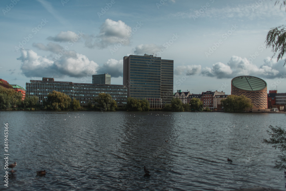Selective focus of ducks on river with buildings and cloudy sky at background, Copenhagen, Denmark