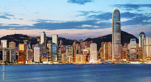 Photography Night and Skyline of Urban Architecture in Hong Kong
