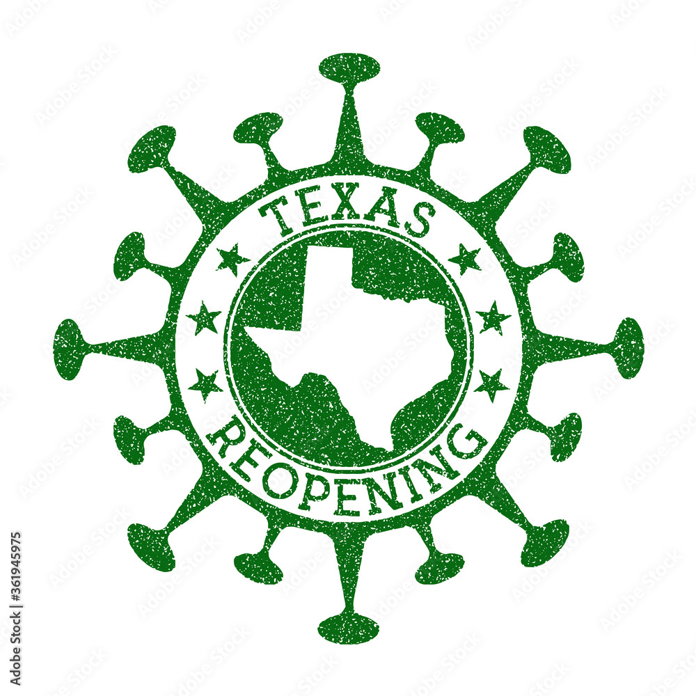 Texas Reopening Stamp. Green round badge of us state with map of Texas. Us state opening after lockdown. Vector illustration.