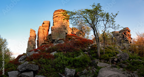 Rocks in mountain landscape at sunset panorama in Slovakia, Vtacnik photo