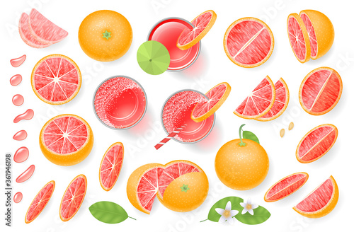 Vector set. Fresh grapefruit and grapefruit juice. Top view. Grapefruit sliced in various pieces, juice in glasses, leaves, flowers, grains, drops. View from above.