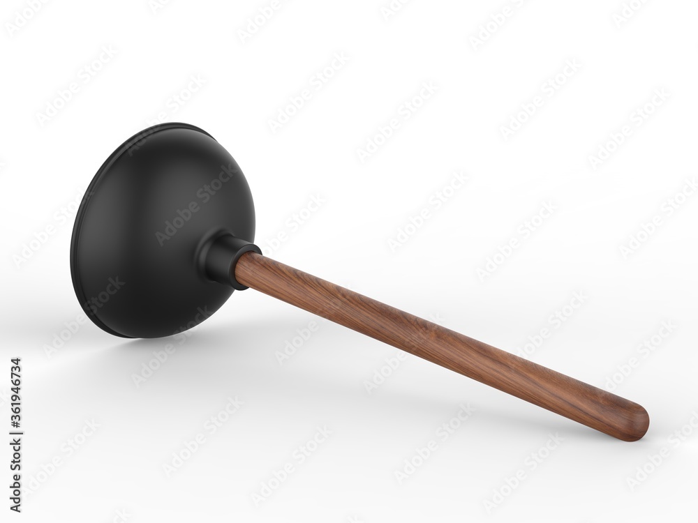 Blank toilet rubber plunger with wooden handle for branding and mock up design . 3d render illustration. Blank toilet rubber plunger with wooden handle for branding and mock up design . 3d render illustration.