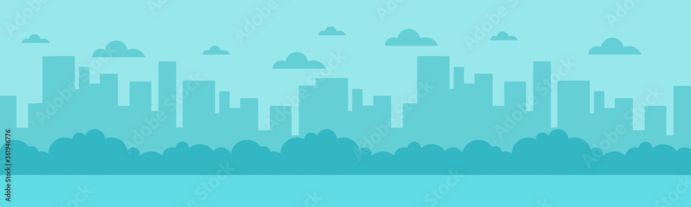 City skyline landscape. Blue cityscape panoramic background. Horizontal seamless vector pattern.