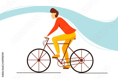 A young cyclist rides a Bicycle. Vector illustration in flat style.