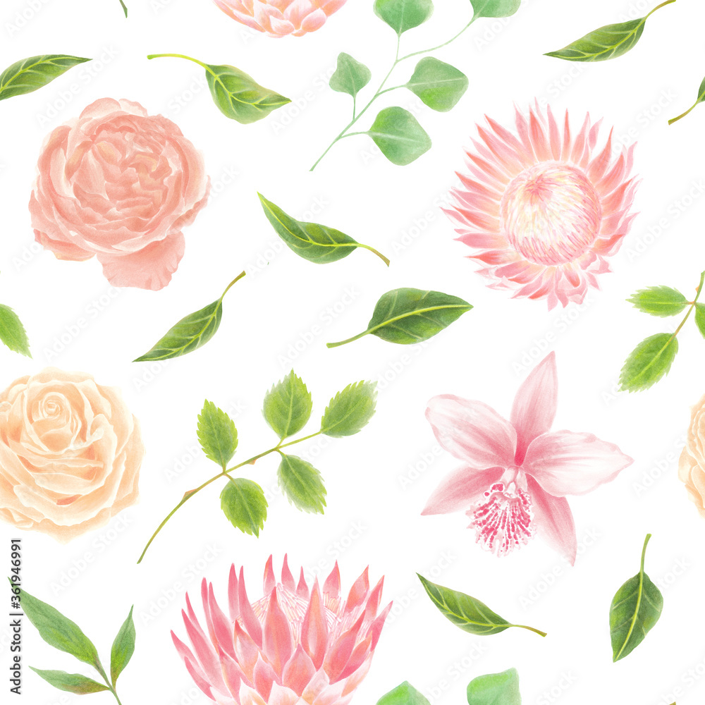 Watercolor flowers and plants seamless pattern. Orchids, rose, protea. Eucalyptus leaves.