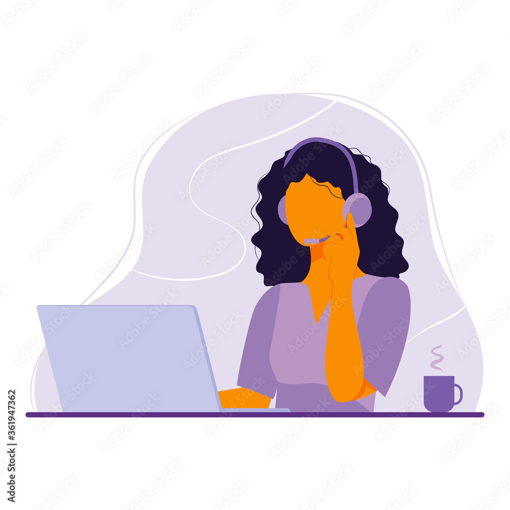 Woman in headphone with microphone uses laptop Woman in headphone with microphone uses laptop