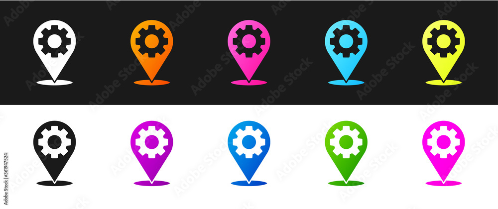 Set Location with gear icon isolated on black and white background. Vector Illustration.