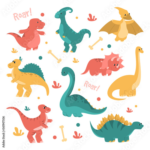 Cute and funny dinosaurs set vector isolated. Collection of smiling baby dragons. Triceratops and brachiosaurus.