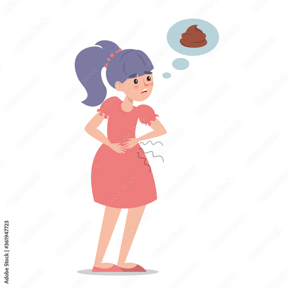 Child with a diarrhea vector isolated. Girl with pain in stomach. Belly disease. Person needs to get to the toilet. Poo symbol Child with a diarrhea vector isolated. Girl with pain in stomach. Belly disease. Person needs to get to the toilet. Poo symbol