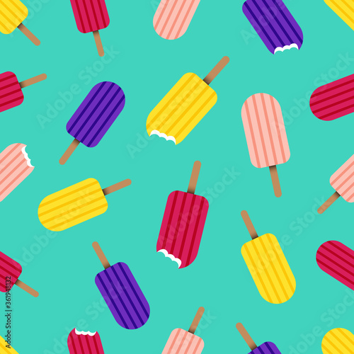 Colorful ice cream seamless pattern on turquoise background. Cute bright popsicles background in flat cartoon style.