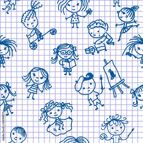 Freehand drawing school items on a sheet of exercise book. Back to School. Vector illustration. Set