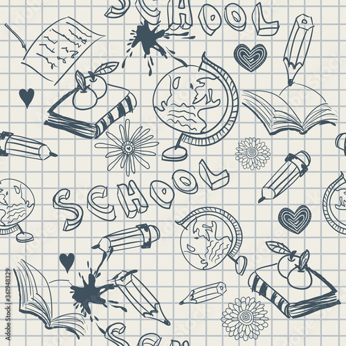 Freehand drawing school items on a sheet of exercise book. Back to School. Vector illustration. Set