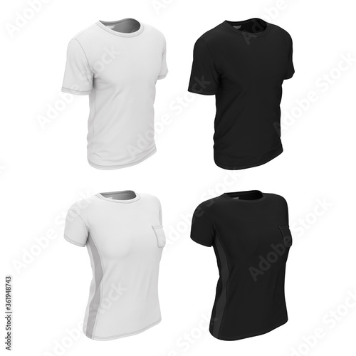 3d realistic illustration of a black and white blank template of a simple male and female t-shirt. Mock up for presentation of print, logo, design.