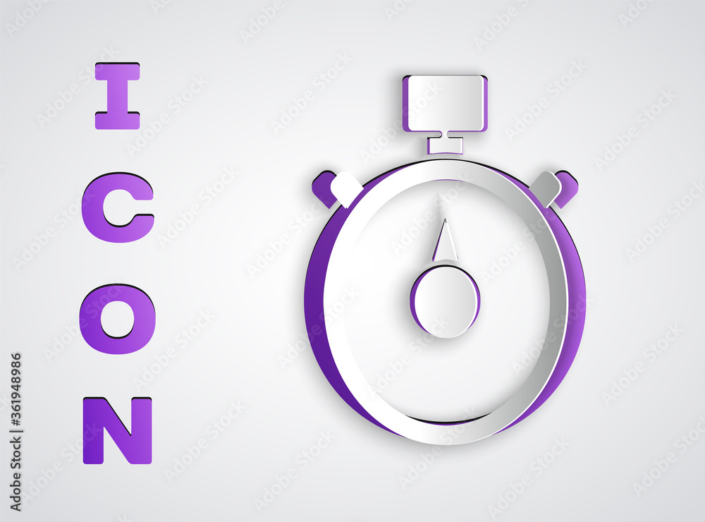 Paper cut Stopwatch icon isolated on grey background. Time timer sign. Chronometer sign. Paper art style. Vector Illustration. Paper cut Stopwatch icon isolated on grey background. Time timer sign. Chronometer sign. Paper art style. Vector Illustration.