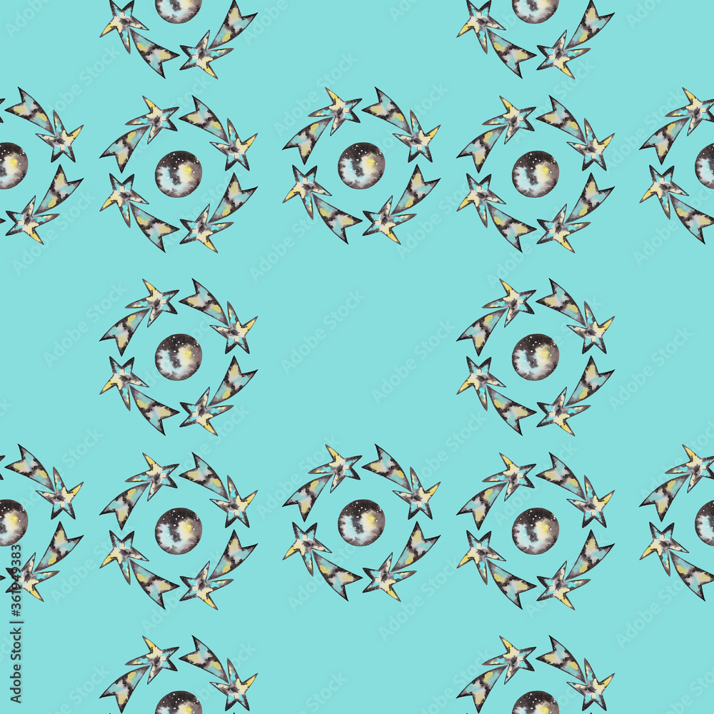 Geometric seamless watercolor pattern. Comets, planets, universe, galaxy on blue background. Geometric seamless watercolor pattern. Comets, planets, universe, galaxy on blue background.