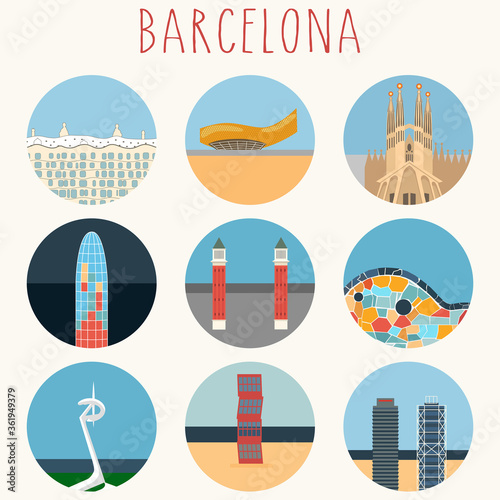 Barcelona Icons Set  landmarks & symbols - Vector flat design