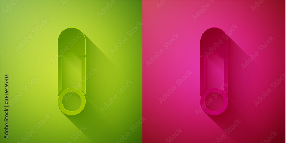 Paper cut Classic closed steel safety pin icon isolated on green and pink background. Paper art style. Vector Illustration. Paper cut Classic closed steel safety pin icon isolated on green and pink background. Paper art style. Vector Illustration.