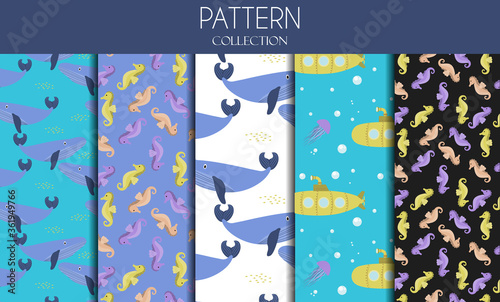 A set of vector seamless patterns with sea animals and the underwater world. Cute cartoon flat illustrations for background or children s illustrations. Blue whale, jellyfish, submarine, seahorse and