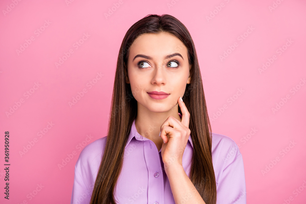 Close-up portrait of her she nice attractive pretty lovely cute winsome lovable dreamy long-haired girl overthinking isolated over pink pastel color background Close-up portrait of her she nice attractive pretty lovely cute winsome lovable dreamy long-haired girl overthinking isolated over pink pastel color background