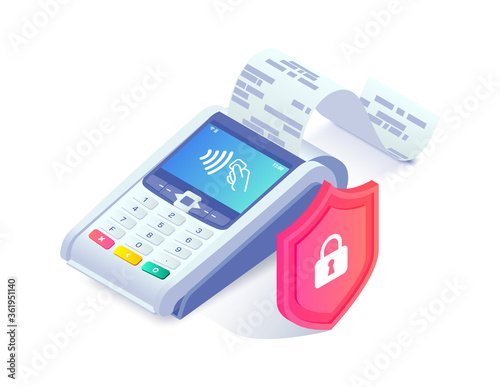 Safe contactless payments isometric concept. 3d payment machine printing check behind shield isolated on white. Cashless transaction protection, NFC payment safety. Vector illustration