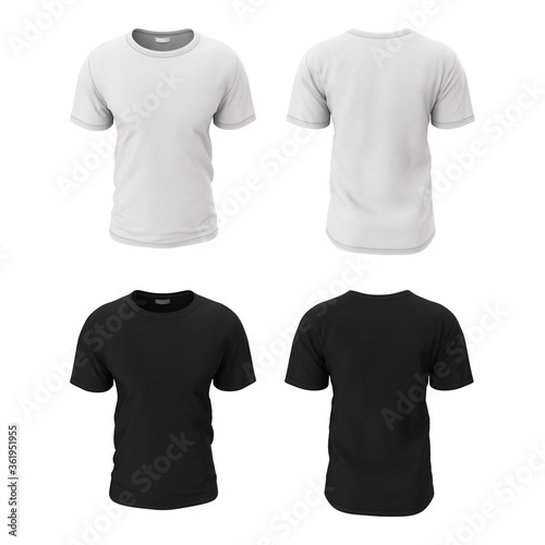 Men's simple black and white t-shirt in the form of front and back. 3d illustration of a realistic template, mocap for presentation of print design, logo.