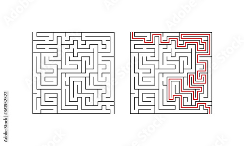 Labyrinth maze game for children. Second level puzzle with solution. Vector illustration.