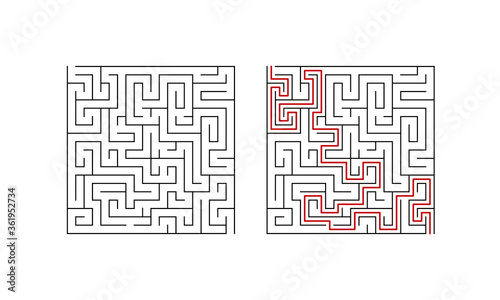 Labyrinth maze game for children. Difficult puzzle with solution. Vector illustration.