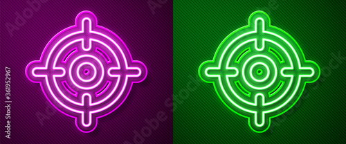 Glowing neon line Target sport icon isolated on purple and green background. Clean target with numbers for shooting range or shooting. Vector Illustration.
