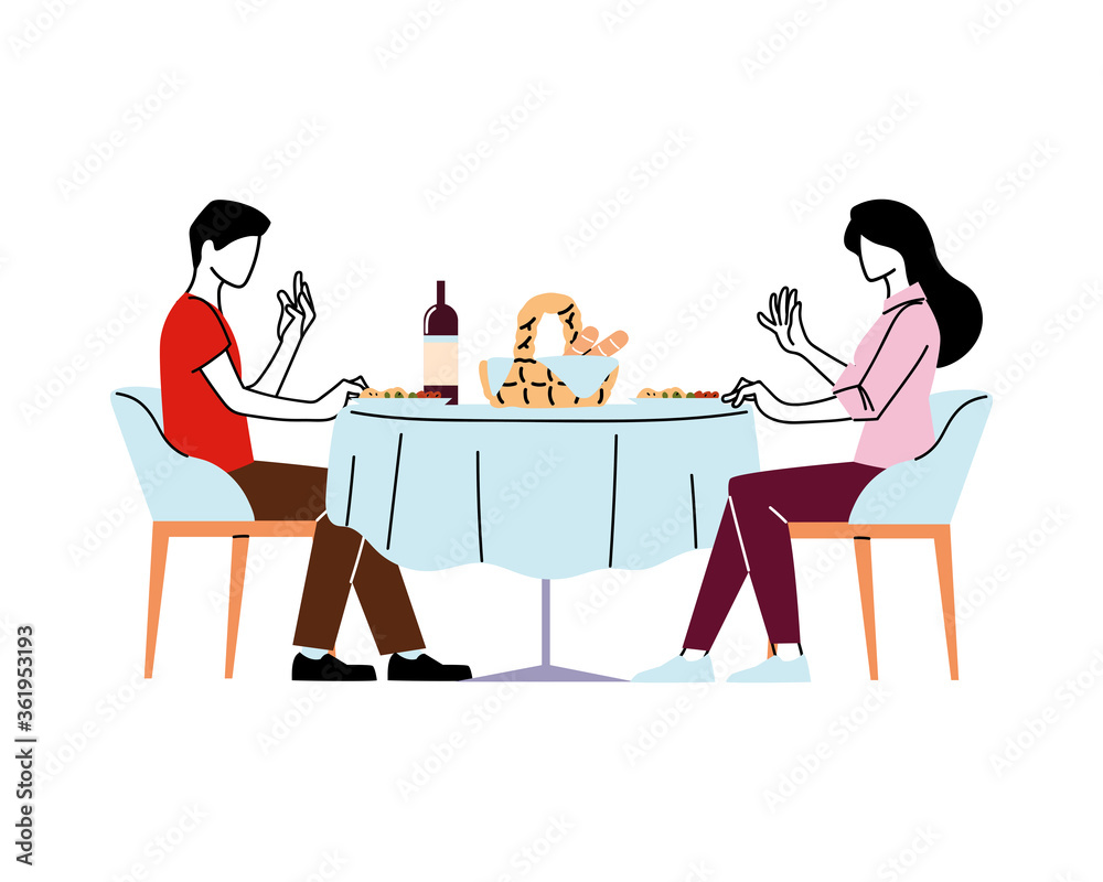 Woman and man sitting at restaurant table with wine vector design