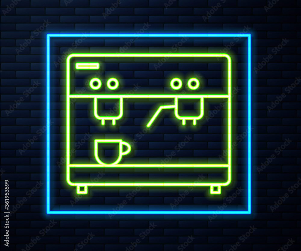 Glowing neon line Coffee machine icon isolated on brick wall background. Vector Illustration. Glowing neon line Coffee machine icon isolated on brick wall background. Vector Illustration.