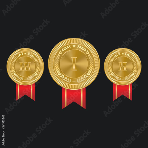 1st, 2nd, 3rd Sports awards three medals, gold isolated on a black background