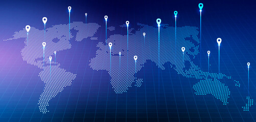 Holographic World Map With Locations Over Blue Background, Panorama, Collage