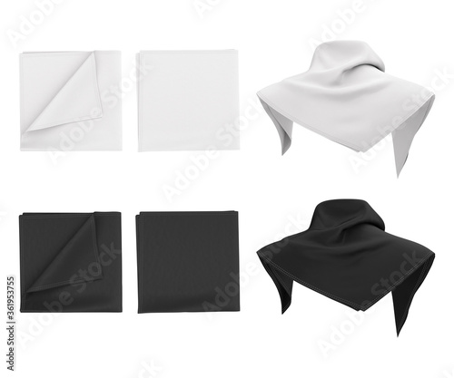 Women's shawl, scarf, bandana in the unfolded and folded form. Template, black and white mockup for presentation of print design. 3d realistic illustration isolated on white background.