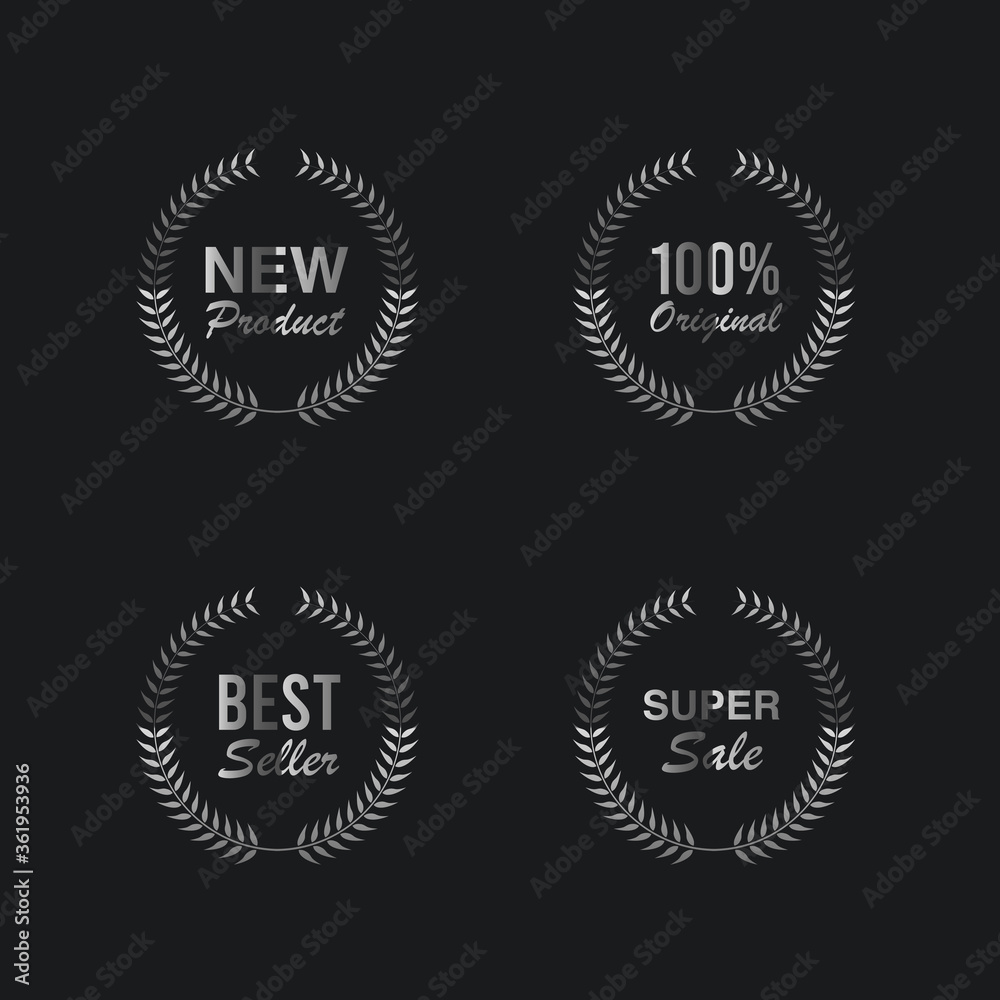 Silver Retro Guarantee Labels with Wreaths Isolated on Black Background.