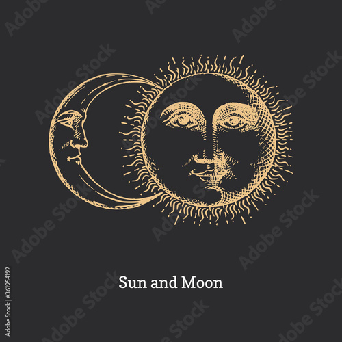 Sun and Moon, hand drawn in engraving style.Vector