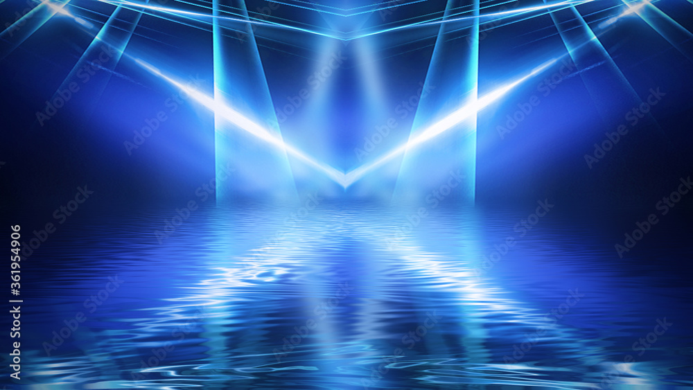 Obraz premium Neon dark background, bright light, reflection in the water. Light neon effect, energy waves on a dark abstract background. Laser colorful neon show.