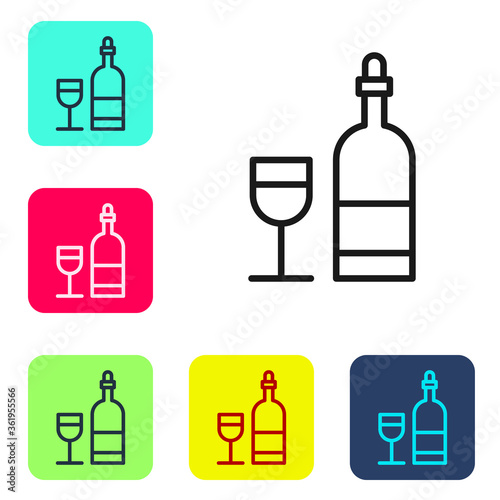 Black line Wine bottle with glass icon isolated on white background. Set icons in color square buttons. Vector Illustration.