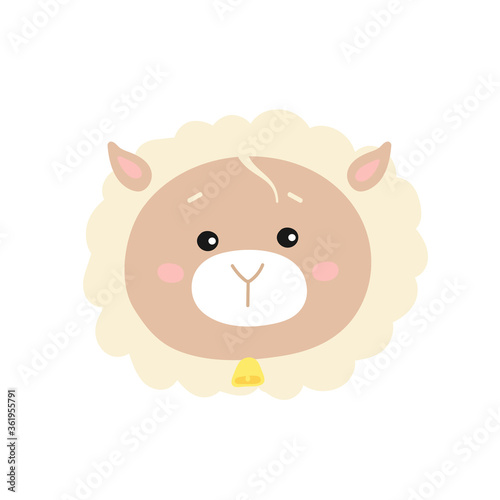 Fototapeta Naklejka Na Ścianę i Meble -  Flat Vector illustration of a cute sheep's face. Isolated on white background. Funny farm animal. Cartoon livestock. For design, web, graphic. 