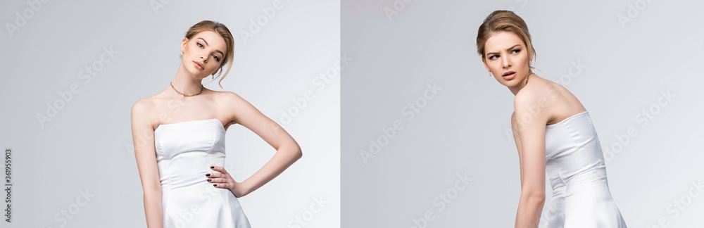 collage of bride in wedding dress standing with hand on hip and looking away isolated on grey collage of bride in wedding dress standing with hand on hip and looking away isolated on grey