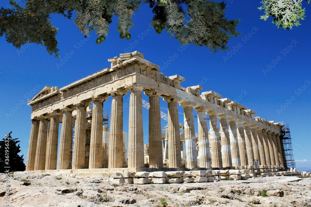 Naklejka premium Greece, Athens, June 18 2020 - View of the archaeological site of the Acropolis with Parthenon temple in the background.