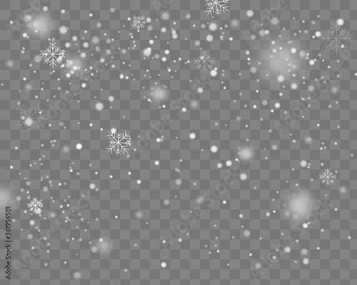 Vector heavy snowfall, snowflakes in different shapes and forms. Snow flakes, snow background.