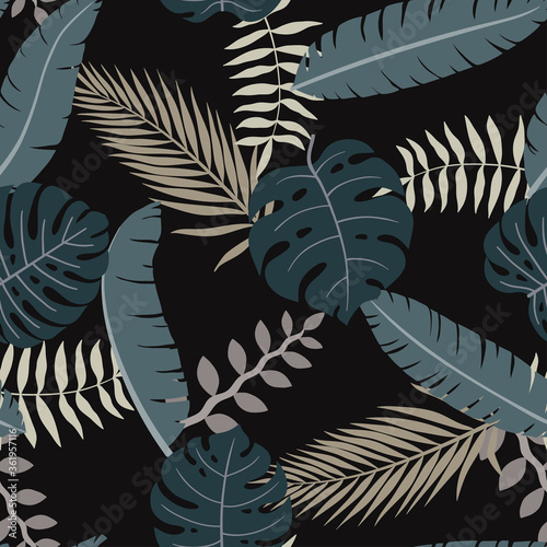 Tropical background with palm leaves. Seamless floral pattern. Summer vector illustration. Flat jungle print