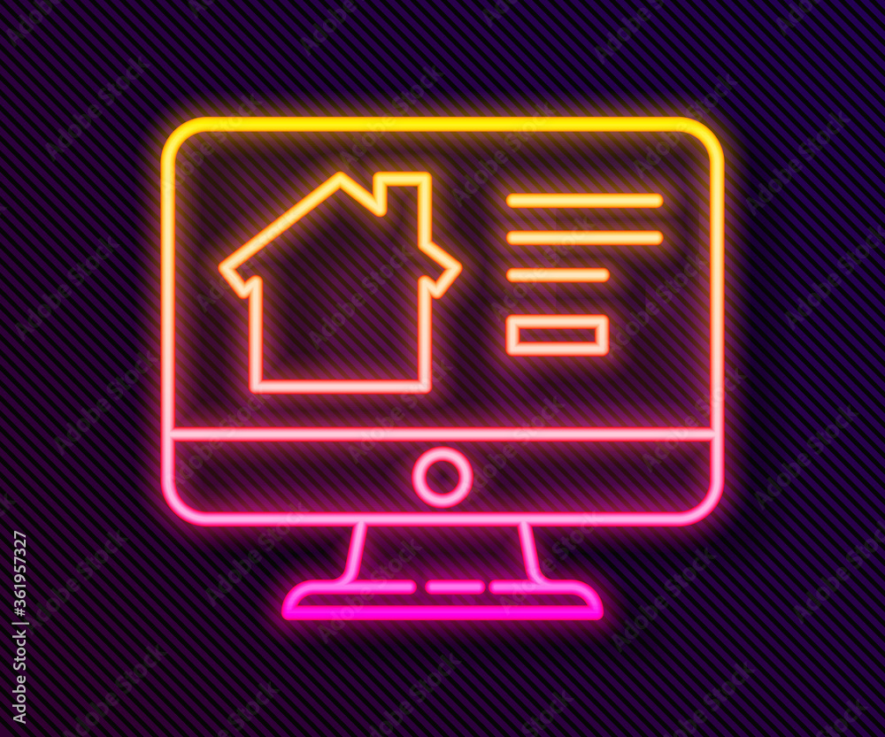 Glowing neon line Online real estate house on monitor icon isolated on black background. Home loan concept, rent, buy, buying a property. Vector Illustration. Glowing neon line Online real estate house on monitor icon isolated on black background. Home loan concept, rent, buy, buying a property. Vector Illustration.