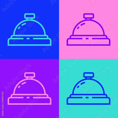 Pop art line Hotel service bell icon isolated on color background. Reception bell. Vector Illustration.