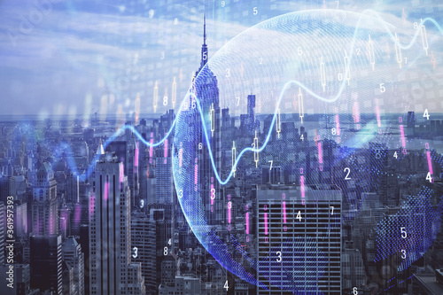 Forex graph on city view with skyscrapers background double exposure. Financial analysis concept.