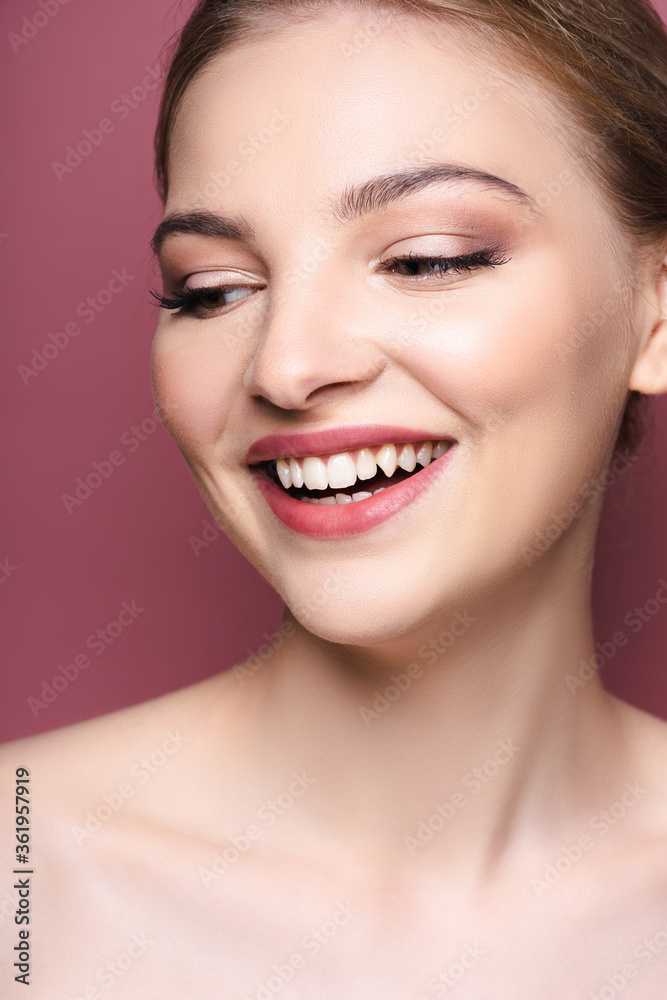 naked and cheerful young woman smiling on pink naked and cheerful young woman smiling on pink