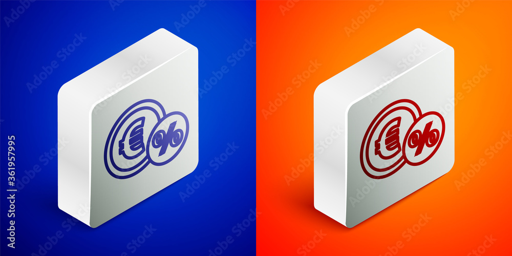 Isometric line Money coin with percent icon isolated on blue and orange background. Cash Banking currency sign. Silver square button. Vector Illustration. Isometric line Money coin with percent icon isolated on blue and orange background. Cash Banking currency sign. Silver square button. Vector Illustration.