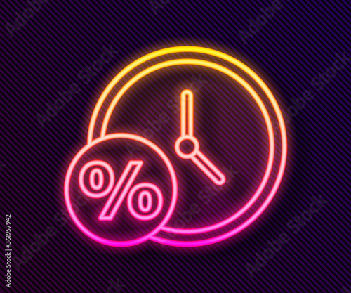 Glowing neon line Clock and percent icon isolated on black background. Vector Illustration.