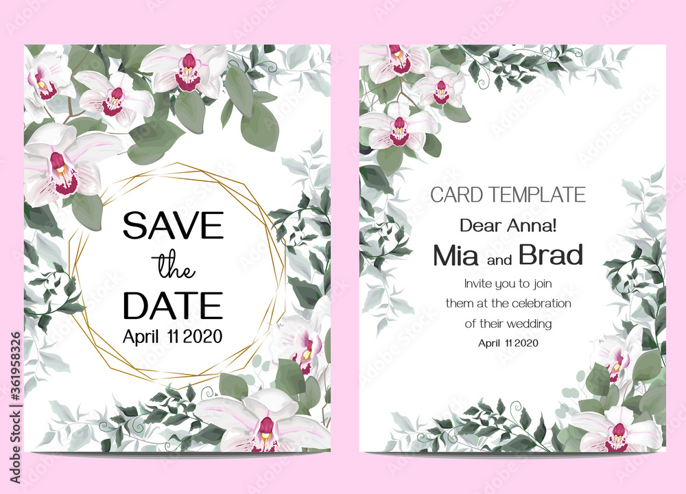 Vector floral template for wedding invitations. Pink royal orchids flowers, round gold frame, green plants, leaves. All elements are isolated.